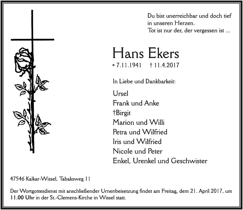  Traueranzeige für Hans Ekers vom 15.04.2017 aus Rheinische Post
