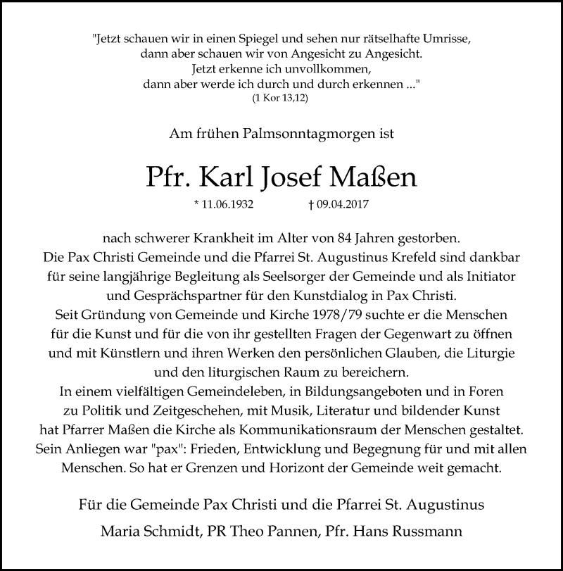  Traueranzeige für Karl Josef Maßen vom 12.04.2017 aus Rheinische Post