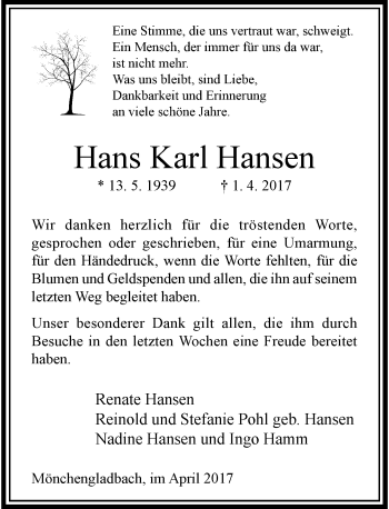 Traueranzeige von Hans Karl Hansen von Rheinische Post