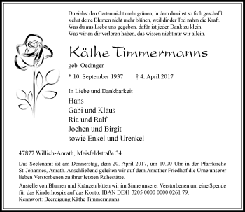 Traueranzeige von Käthe Timmermann von Rheinische Post