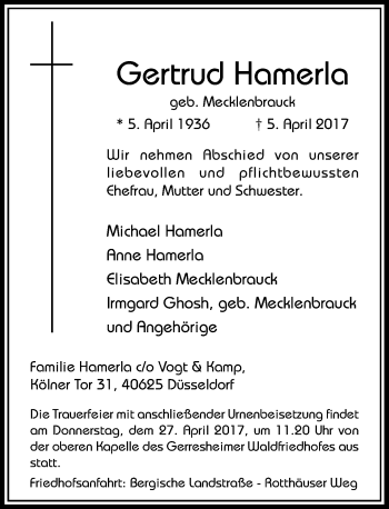 Traueranzeige von Gertrud Hamerla von Rheinische Post