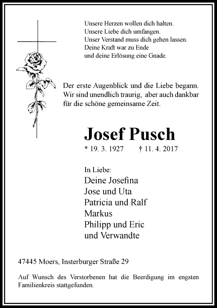  Traueranzeige für Josef Pusch vom 15.04.2017 aus Rheinische Post