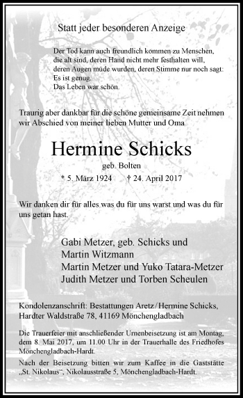 Traueranzeige von Hermine Schicks von Rheinische Post
