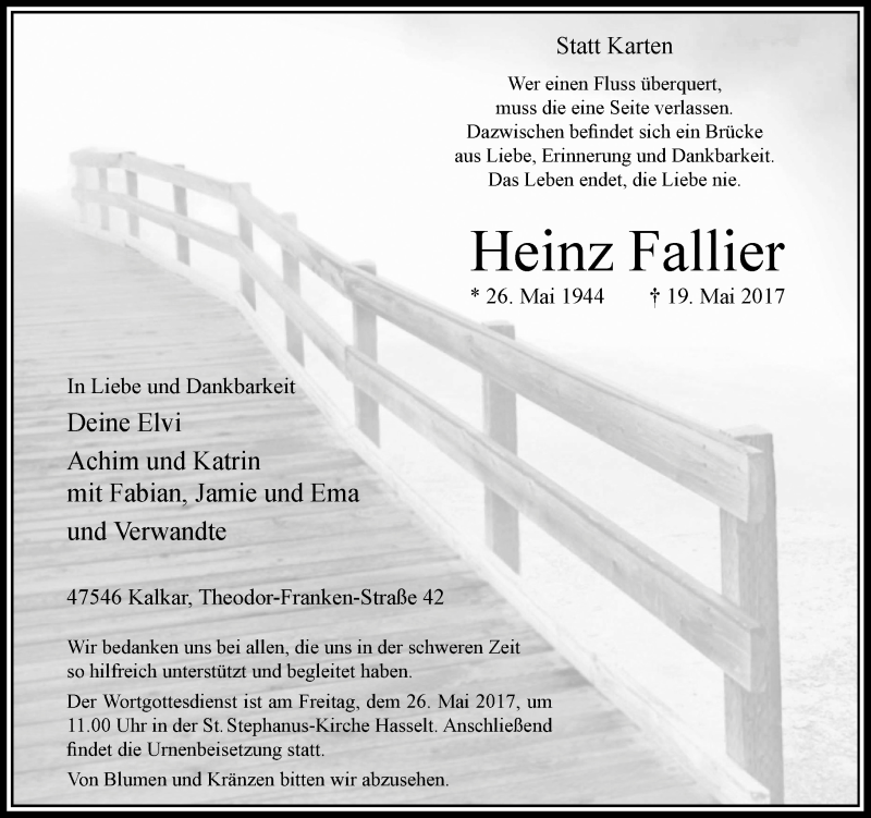  Traueranzeige für Heinz Fallier vom 23.05.2017 aus Rheinische Post