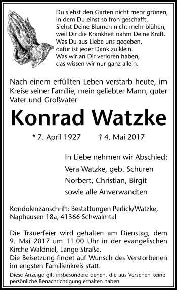 Traueranzeige von Konrad Watzke von Rheinische Post