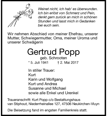 Traueranzeige von Gertrud Popp von Rheinische Post