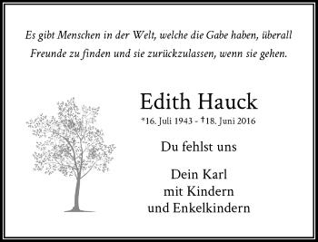 Traueranzeige von Edith Hauck von Rheinische Post