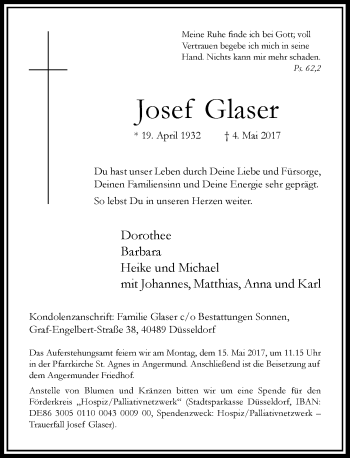 Traueranzeige von Josef Glaser von Rheinische Post