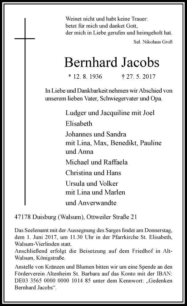  Traueranzeige für Bernhard Jacobs vom 30.05.2017 aus Rheinische Post