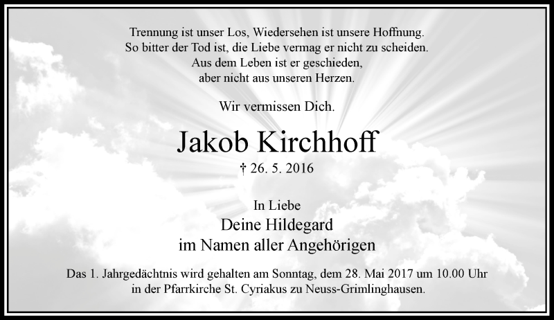  Traueranzeige für Jakob Kirchhoff vom 20.05.2017 aus Rheinische Post