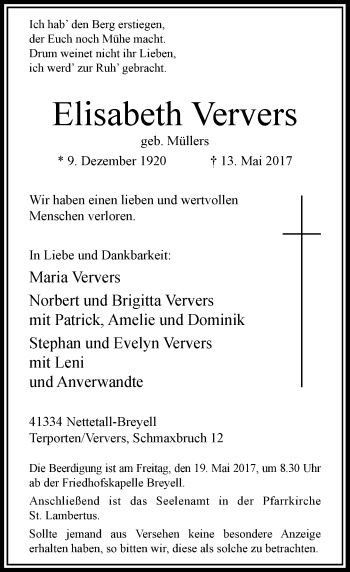 Traueranzeige von Elisabeth Ververs von Rheinische Post