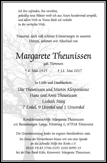 Traueranzeige von Margarete Theunissen von Rheinische Post