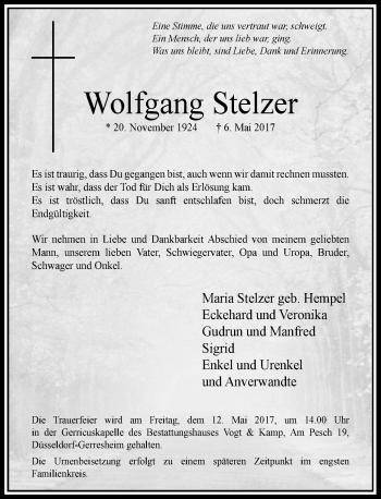 Traueranzeige von Wolfgang Stelzer von Rheinische Post