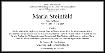 Traueranzeige von Maria Steinfeld von Rheinische Post