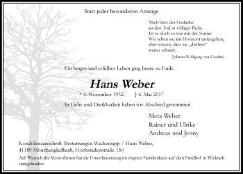 Traueranzeige von Hans Weber von Rheinische Post
