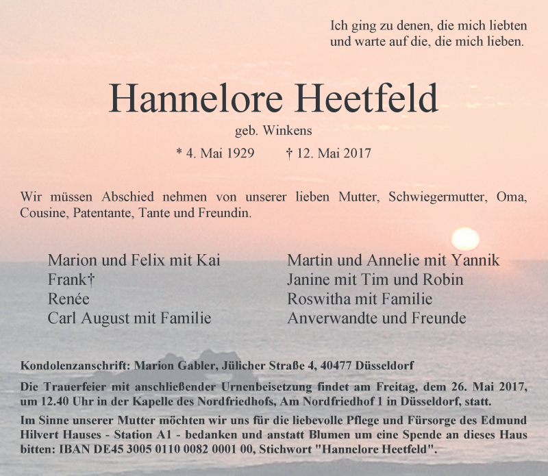  Traueranzeige für Hannelore Heetfeld vom 20.05.2017 aus Rheinische Post
