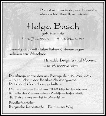 Traueranzeige von Helga Bsck von Rheinische Post