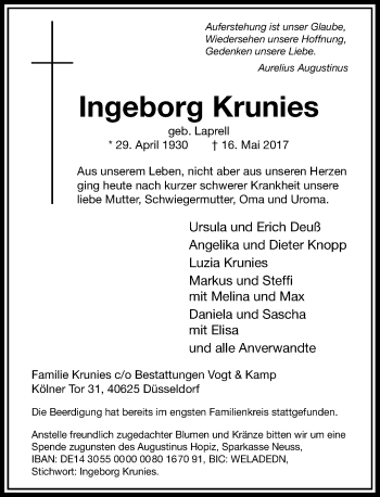 Traueranzeige von Ingeborg Krunies von Rheinische Post