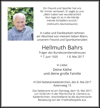 Traueranzeige von Hellmuth Bahrs von Rheinische Post
