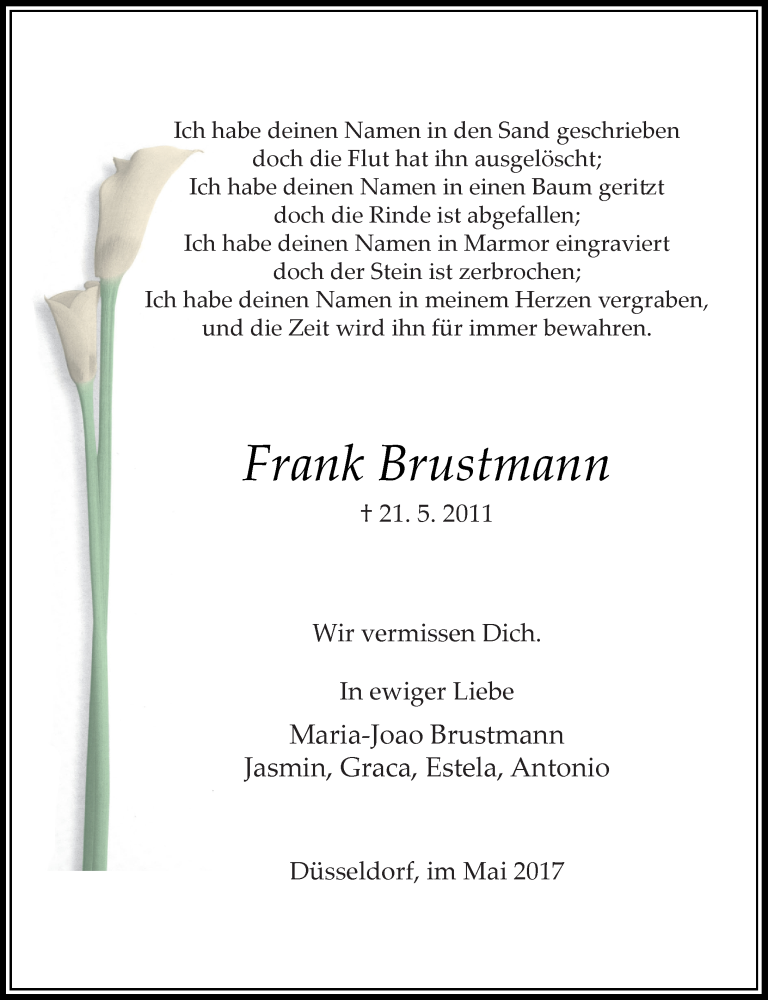  Traueranzeige für Frank Brustmann vom 20.05.2017 aus Rheinische Post
