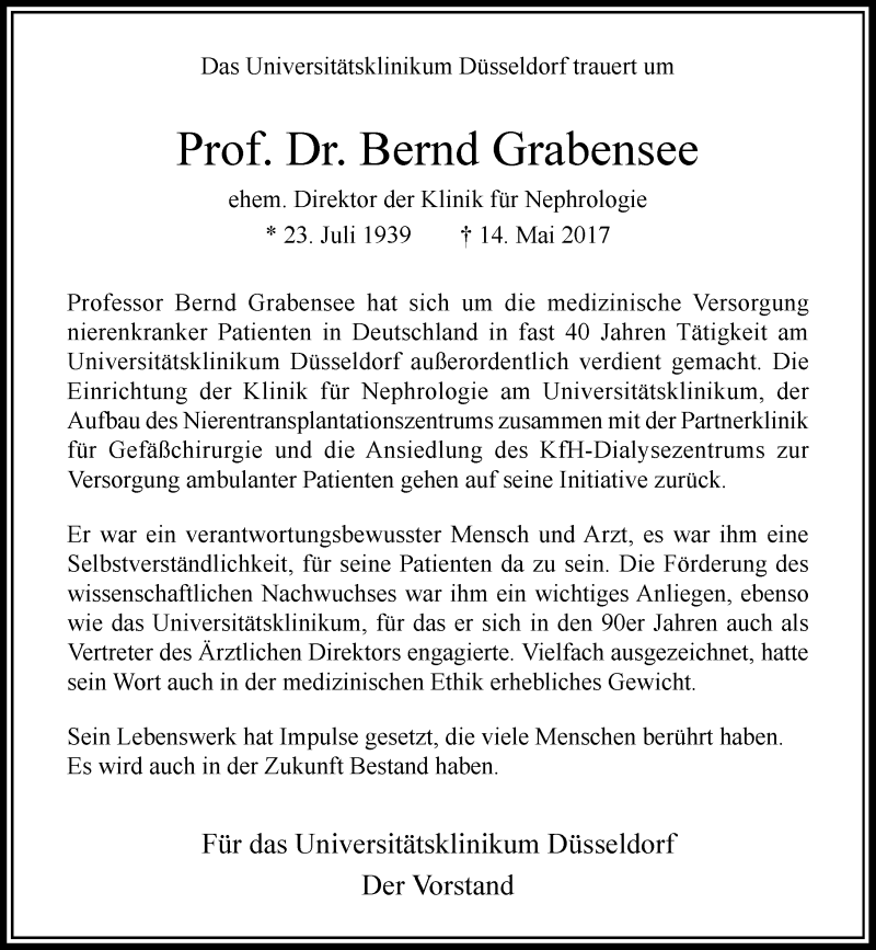  Traueranzeige für Bernd Grabensee vom 24.05.2017 aus Rheinische Post