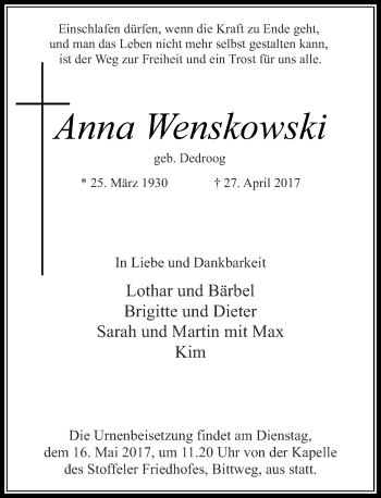 Traueranzeige von Anna Wenskowski von Rheinische Post