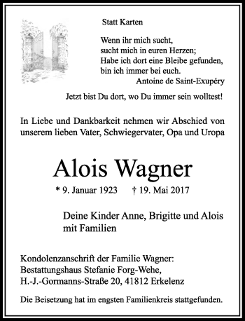 Traueranzeige von Alois Wagner von Rheinische Post