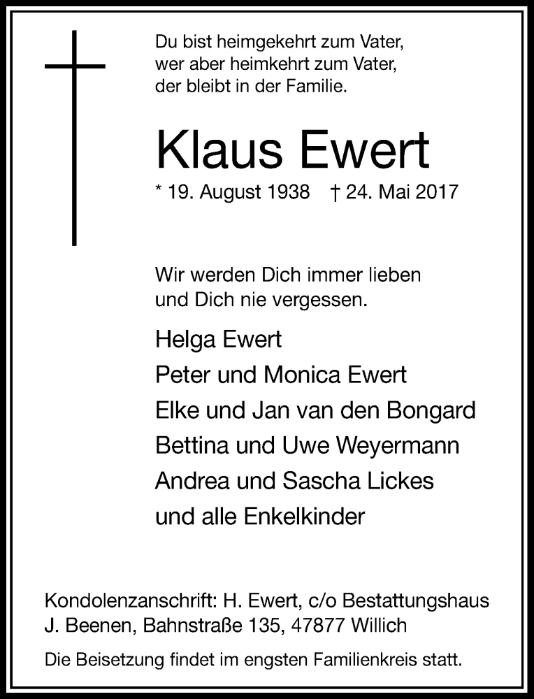  Traueranzeige für Klaus Ewert vom 31.05.2017 aus Rheinische Post