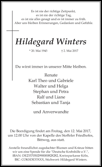 Traueranzeige von Hildegard Winters von Rheinische Post