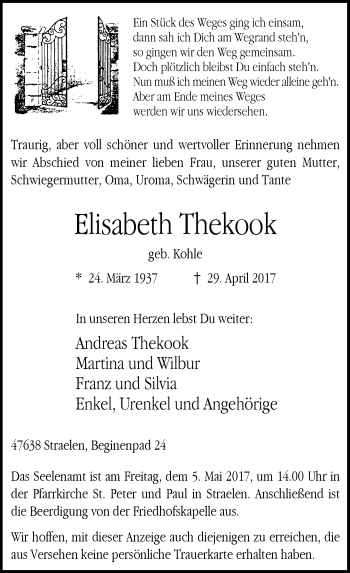 Traueranzeige von Elisabeth Thekook von Rheinische Post