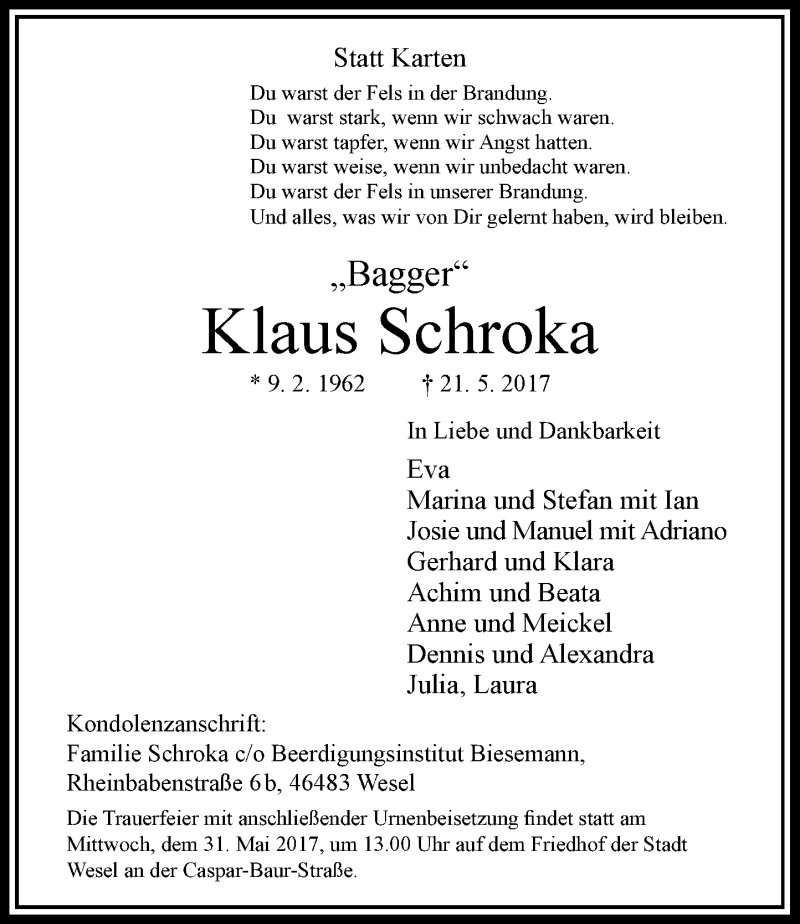  Traueranzeige für Klaus Schroka vom 24.05.2017 aus Rheinische Post