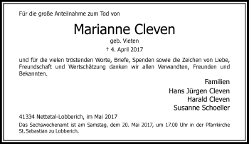 Traueranzeige von Marianne Cleven von Rheinische Post