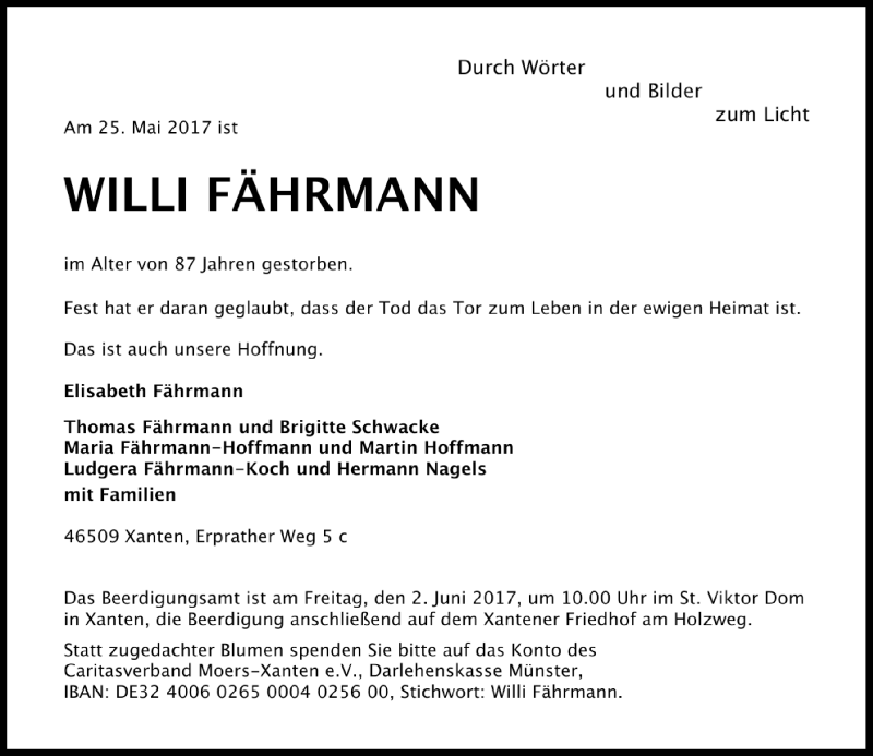  Traueranzeige für Willi Fährmann vom 29.05.2017 aus Rheinische Post