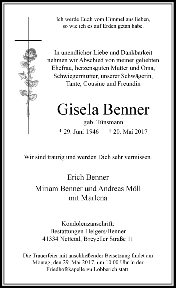 Traueranzeige von Gisela Benner von Rheinische Post