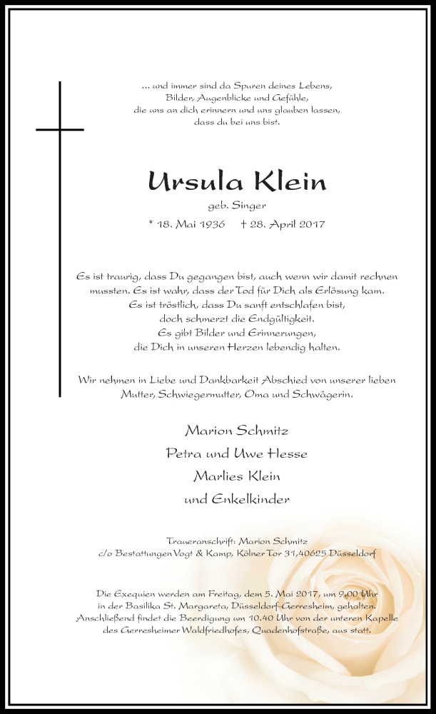  Traueranzeige für Ursula Klein vom 03.05.2017 aus Rheinische Post