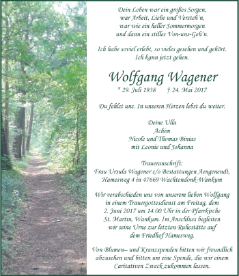Traueranzeige von Wolfgang Wagener von Rheinische Post