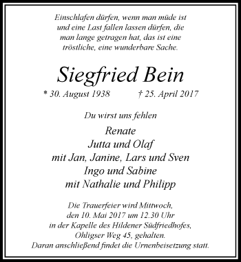 Traueranzeige von Siegfried Bein von Rheinische Post