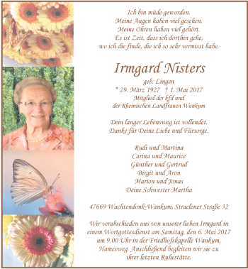 Traueranzeige von Irmgard Nisters von Rheinische Post