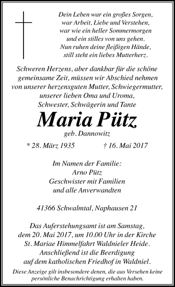 Traueranzeige von Maria Pütz von Rheinische Post