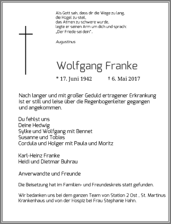 Traueranzeige von Wolfgang Franke von Rheinische Post