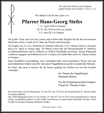 Traueranzeige von Hans-Georg Stefes von Rheinische Post