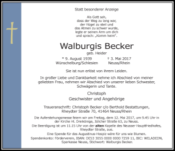 Traueranzeige von Walburgis Becker von Rheinische Post