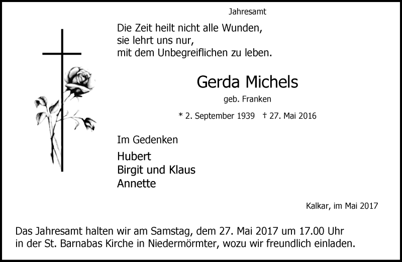  Traueranzeige für Gerda Michels vom 22.05.2017 aus Rheinische Post