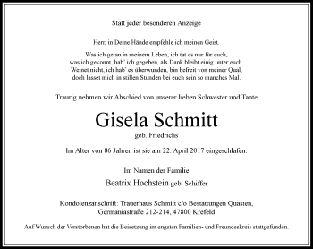 Traueranzeige von Gisela Schmitt von Rheinische Post