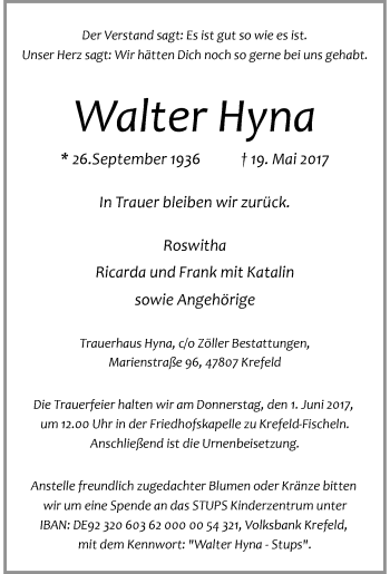 Traueranzeige von Walter Hyna von Rheinische Post