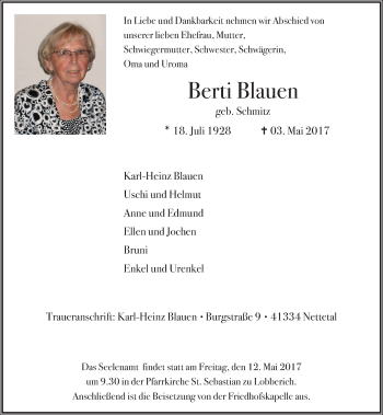 Traueranzeige von Berti Blauen von Rheinische Post