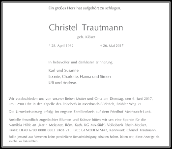 Traueranzeige von Christel Trautmann von Rheinische Post