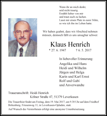 Traueranzeige von Klaus Henrich von Rheinische Post