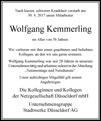 Traueranzeige von Wolfgang Kemmerling von Rheinische Post