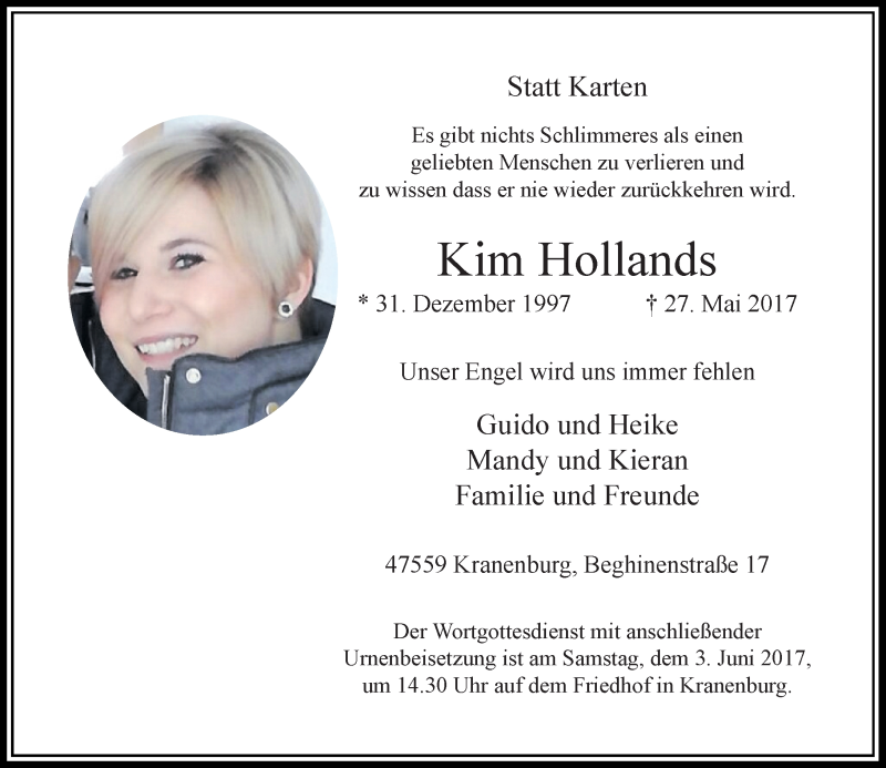  Traueranzeige für Kim Hollands vom 31.05.2017 aus Rheinische Post